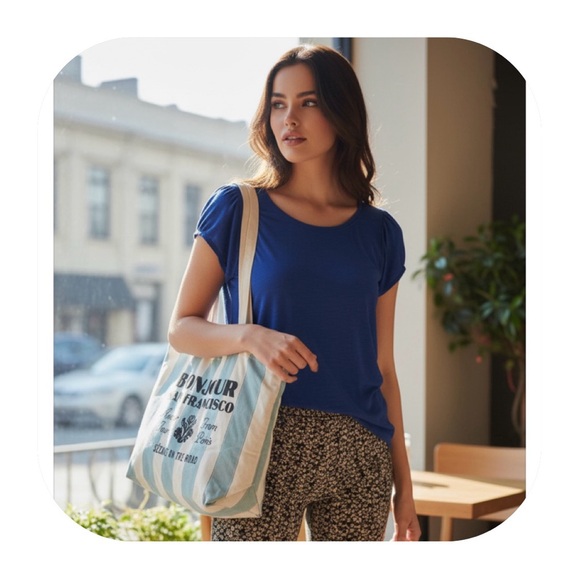 NWOT Sézane Bonjour San Francisco blue/ivory Canvas Tote Bag - Picture 10 of 14